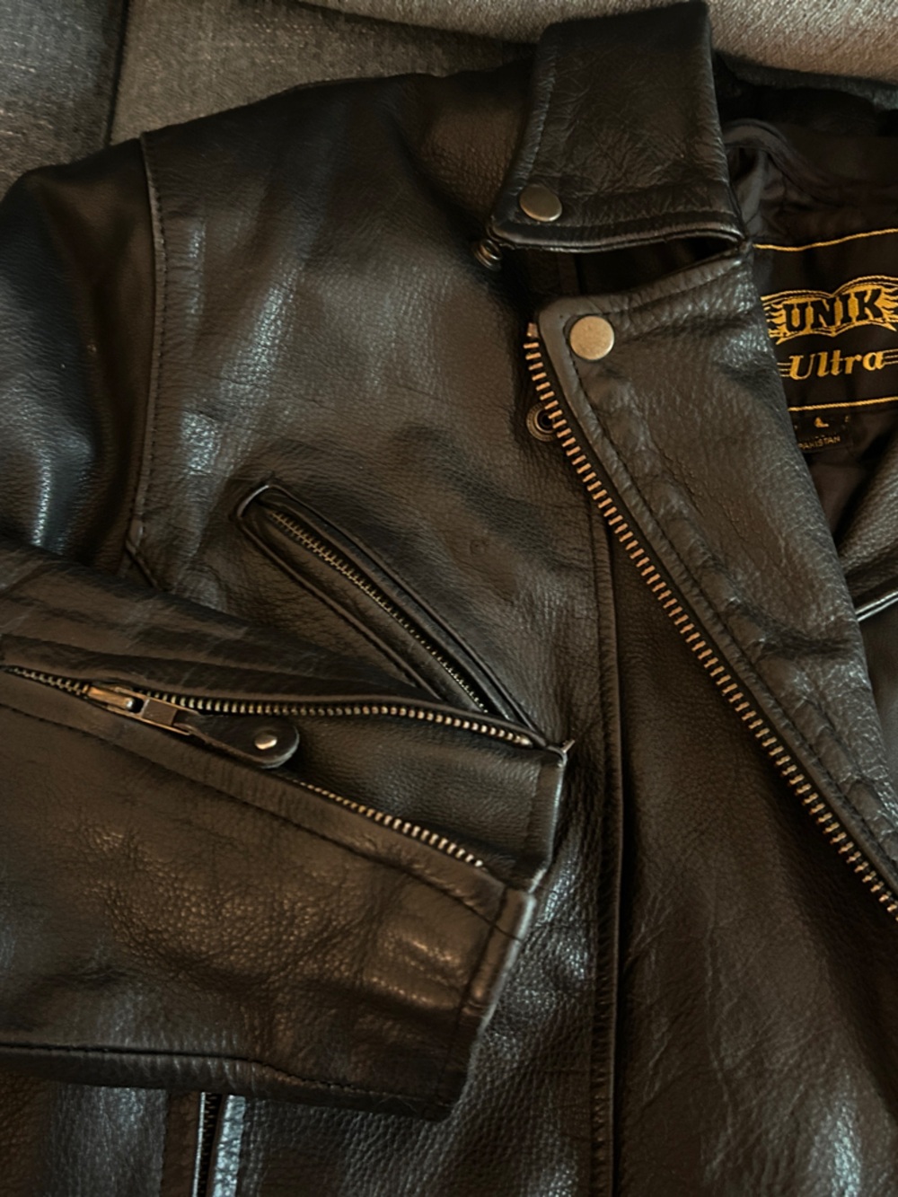 Unik Black Leather Biker Jacket - Picture 3 of 7